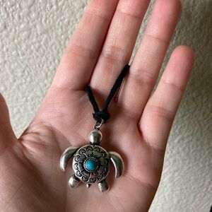 Silver Toned Turtle Pendant Wrap Necklace with Turquoise Accent